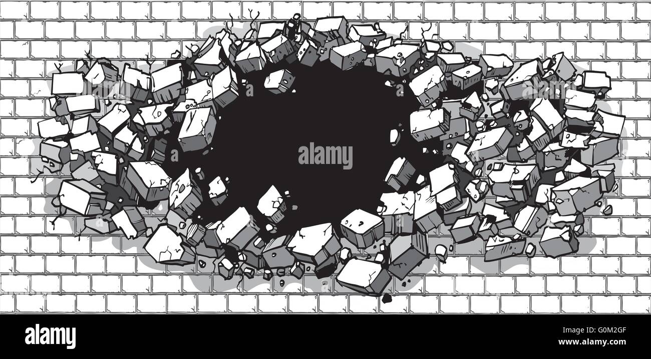 Vector cartoon clip art illustrazione di un foro in un mattone o muro di calcestruzzo di recupero rompersi o esplodere fuori in macerie o detriti. Illustrazione Vettoriale