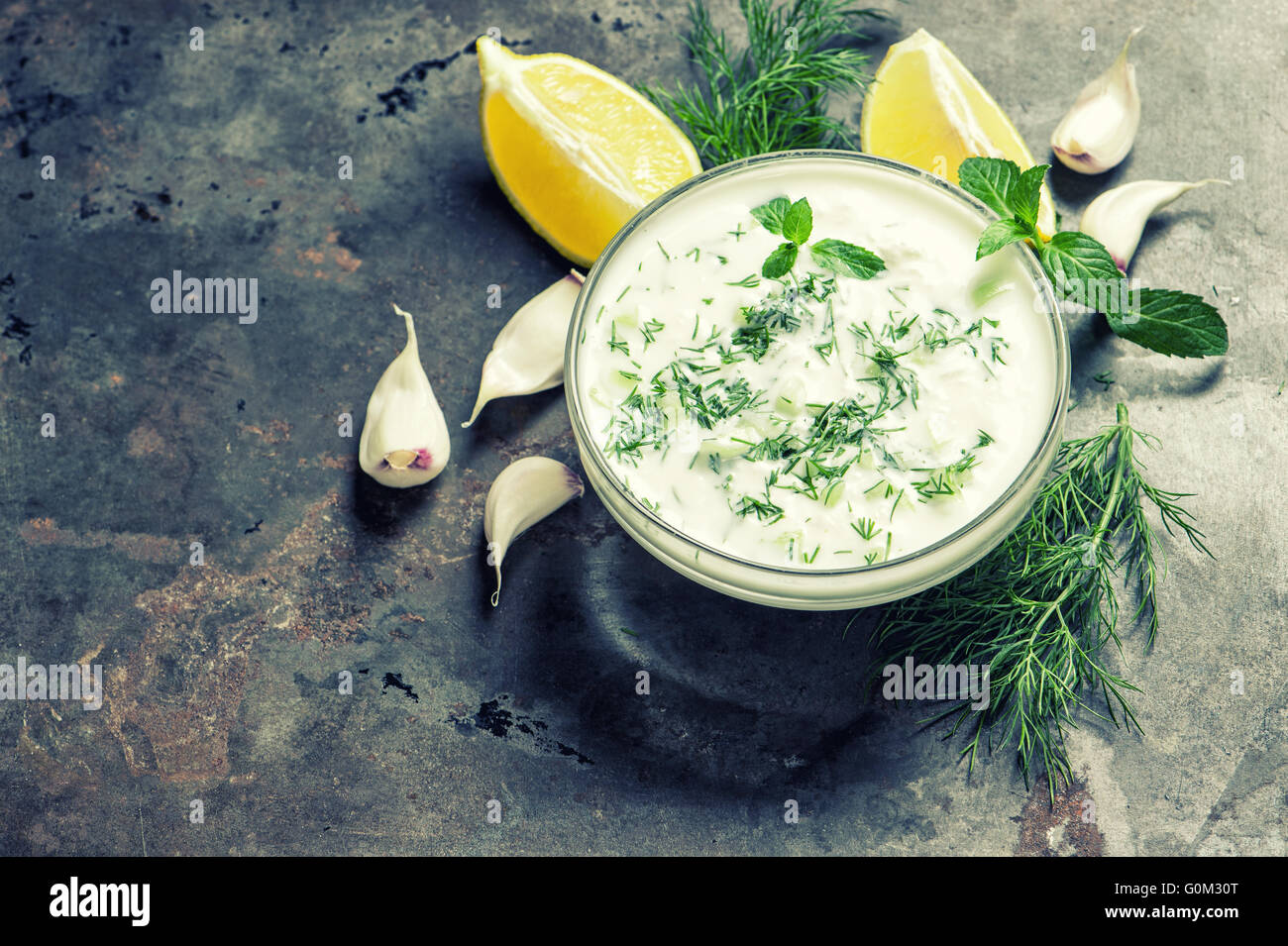 Tzatziki salsa. Dip fresco con yogurt, erbe aromatiche aneto e menta. In stile vintage tonica foto Foto Stock