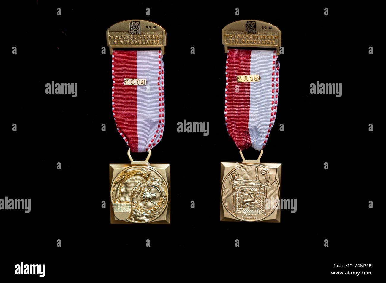 Di medaglie di Swiss Volksschiessen competizioni di tiro. Nome comune per tali medaglie è Kranz o Kranzauszeichnung. Foto Stock