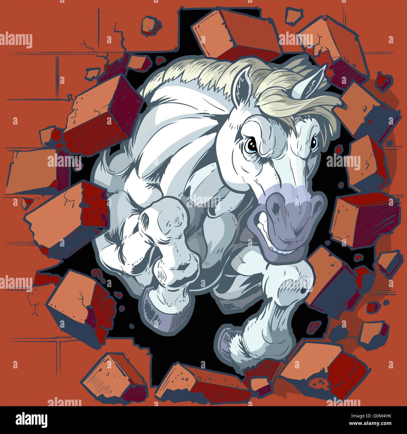 Vettore di Cartoon clip art illustrazione di un duro significa Cavallo bianco o bronco o colt mascotte di schiantarsi attraverso un muro di mattoni. Illustrazione Vettoriale