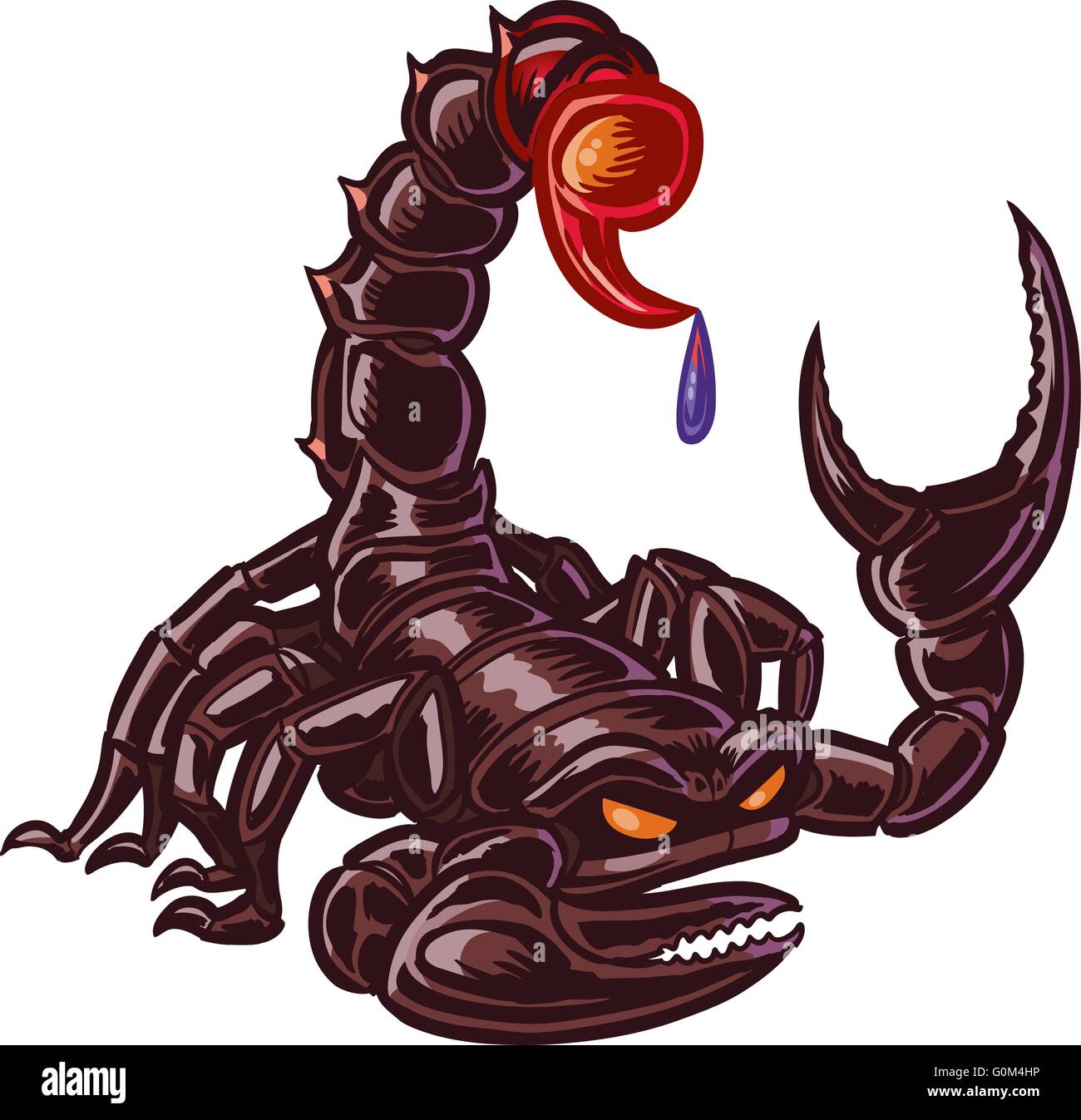 Vector cartoon clip art illustrazione mascotte di una media scorpione nero con la sua coda sollevata, pronto a pungere con gocciolamento Venom. Illustrazione Vettoriale