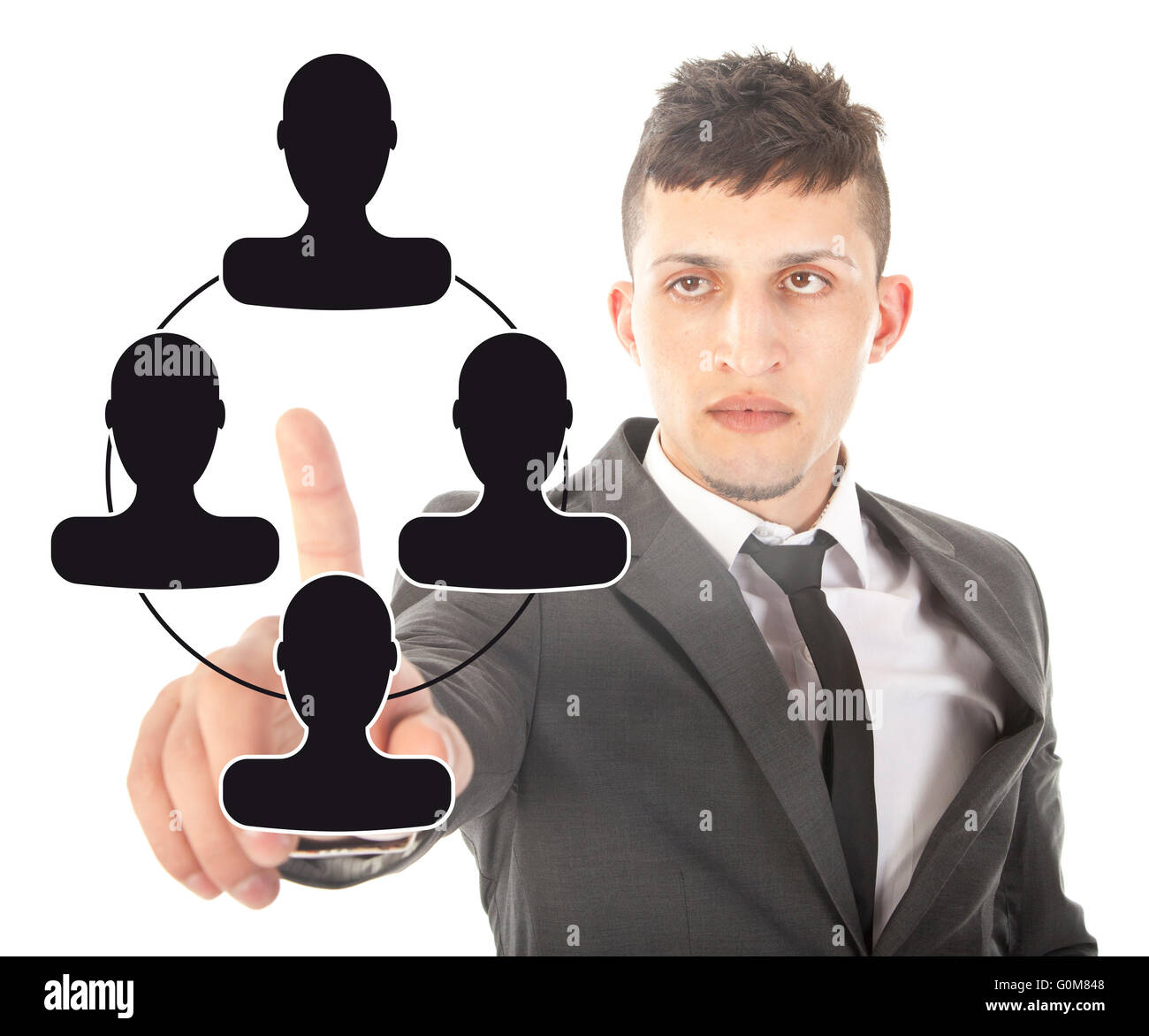 Giovane imprenditore con nero amici virtuali isolate su sfondo bianco Foto Stock