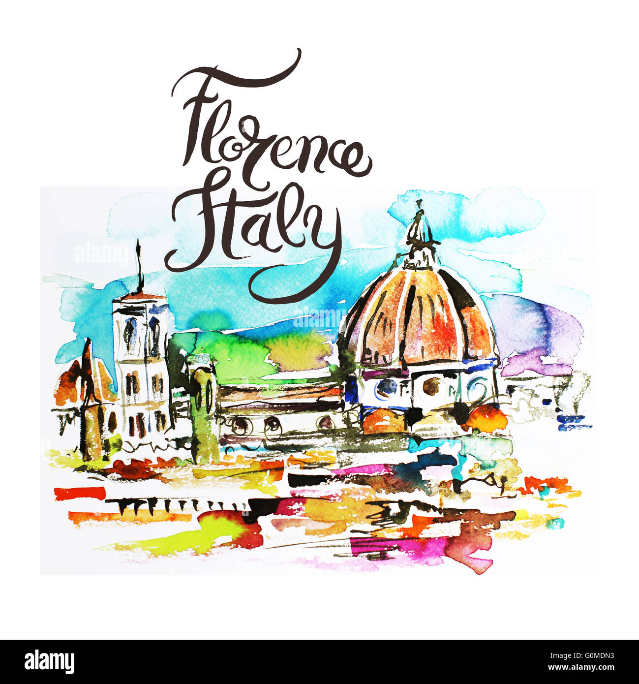 Firenze Italia la pittura ad acquerello illustrazione con la mano la lettera Foto Stock