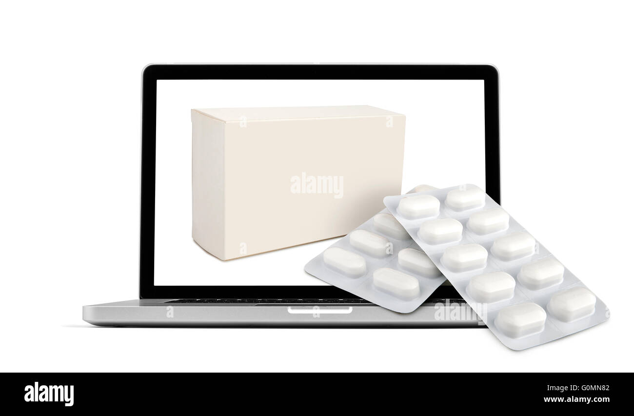 Getting farmacia medicina dal monitor di un laptop schermo - Transazione online, la terapia online tema. Foto Stock