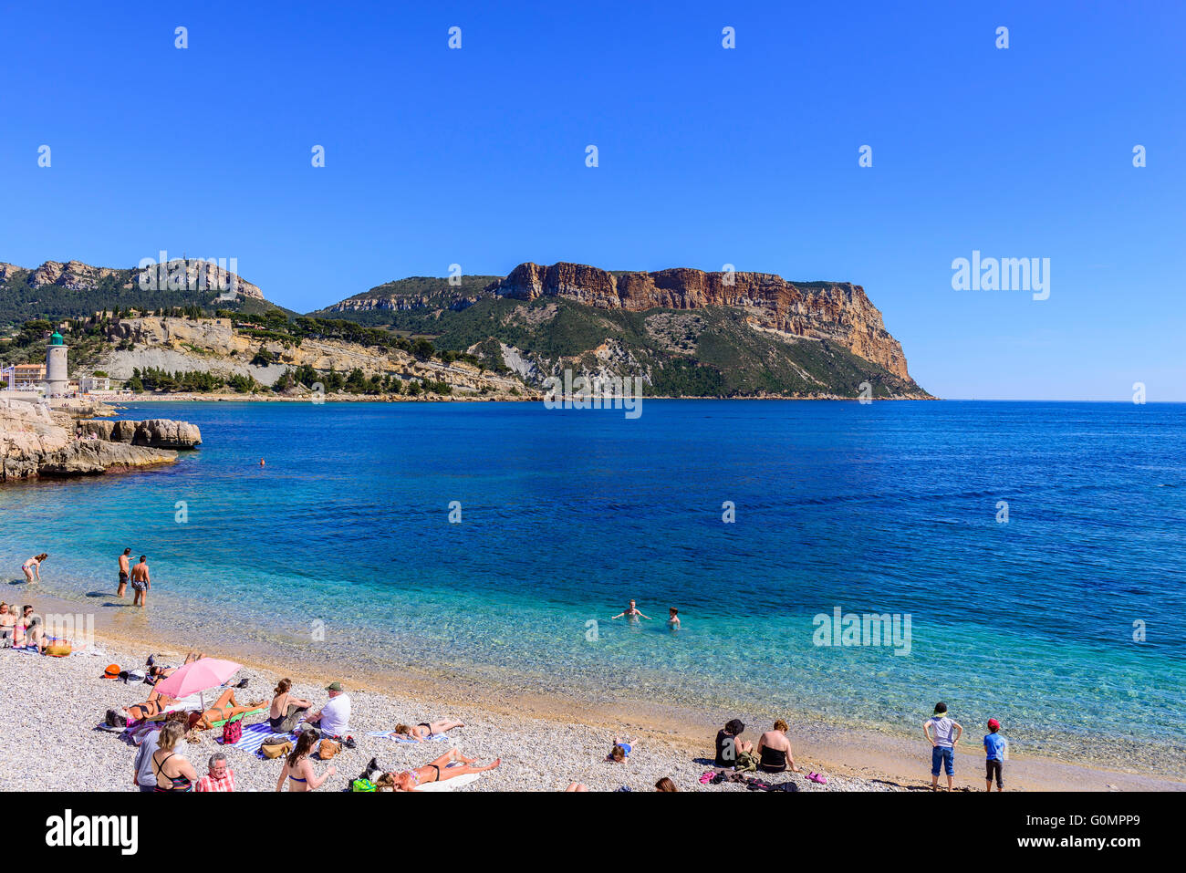 Plage du bestouan, et cap canaille Cassis, bouche du Rhone,13 paca,Francia Provenza Foto Stock