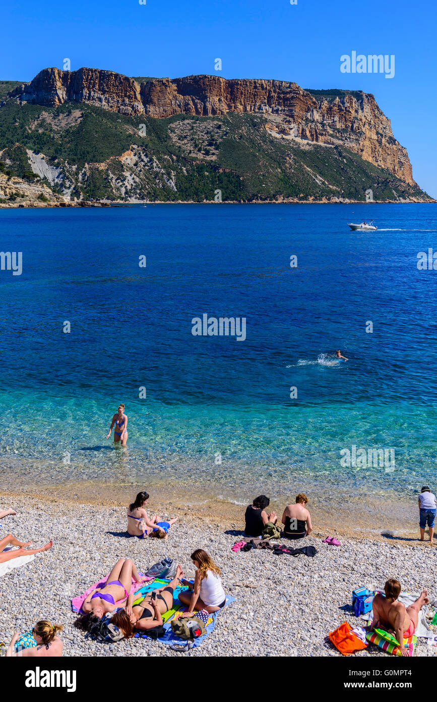 Plage du bestouan, et cap canaille Cassis, bouche du Rhone,13 paca,Francia Provenza Foto Stock