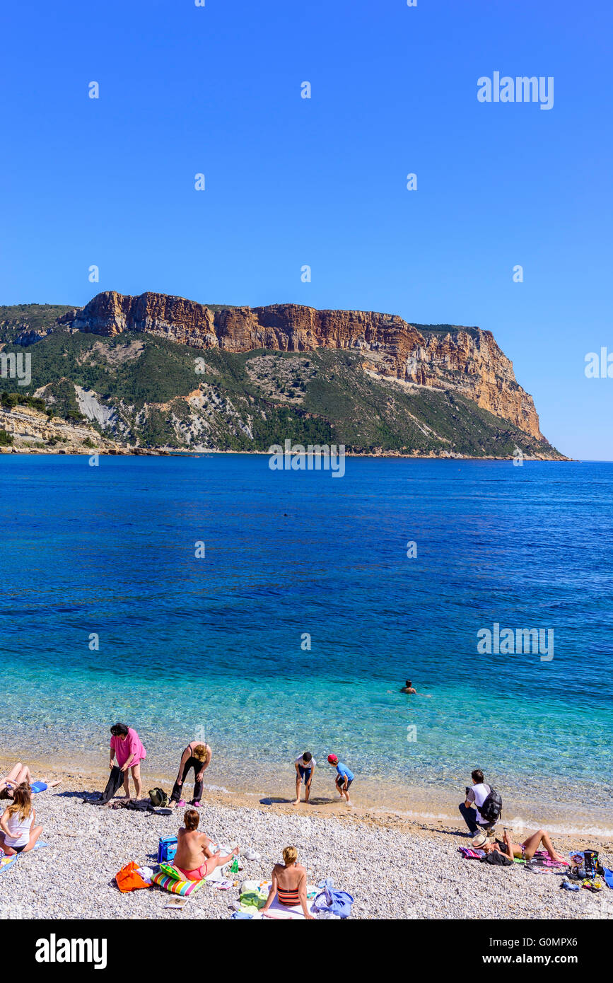 Plage du bestouan, et cap canaille Cassis, bouche du Rhone,13 paca,Francia Provenza Foto Stock