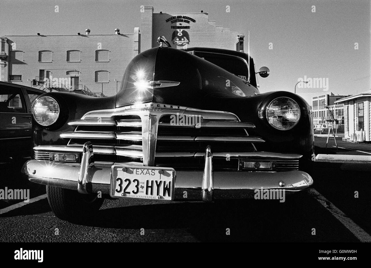 50's Chevrolet Bel Air, nella massoneria scozzese parcheggio auto, Dallas, Texas Foto Stock