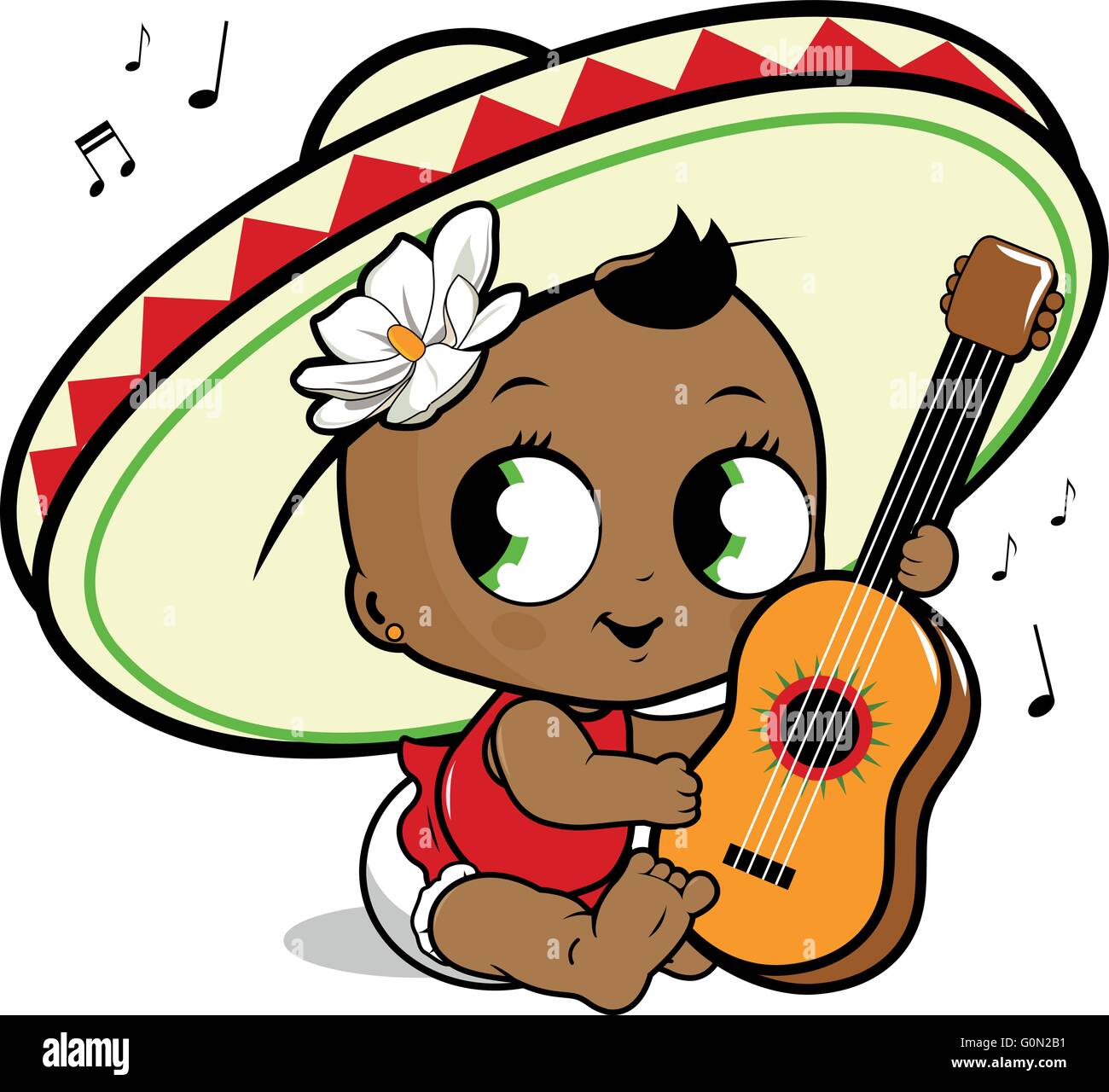 Bella bambina mariachi che suona la chitarra e canta. Cinco de Mayo messicano, festa con baby shower con baby girl e cappello da sombrero. Illustrazione vettoriale Illustrazione Vettoriale