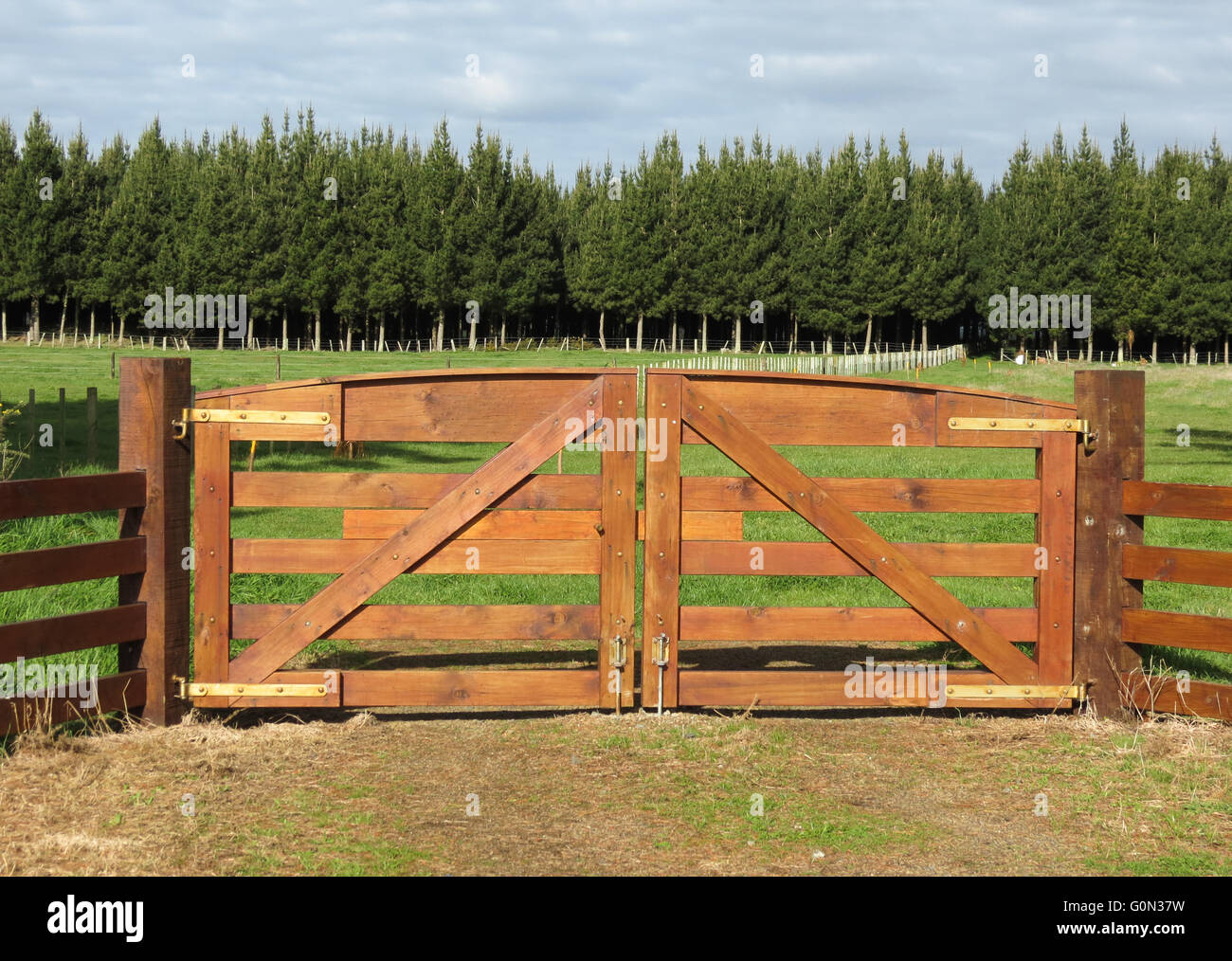 Nice Strong in legno marrone gateway di fattoria, con lussureggiante verde erba dietro di esso. Mi piace lo scivolo in legno bloccare anche su di esso. Foto Stock
