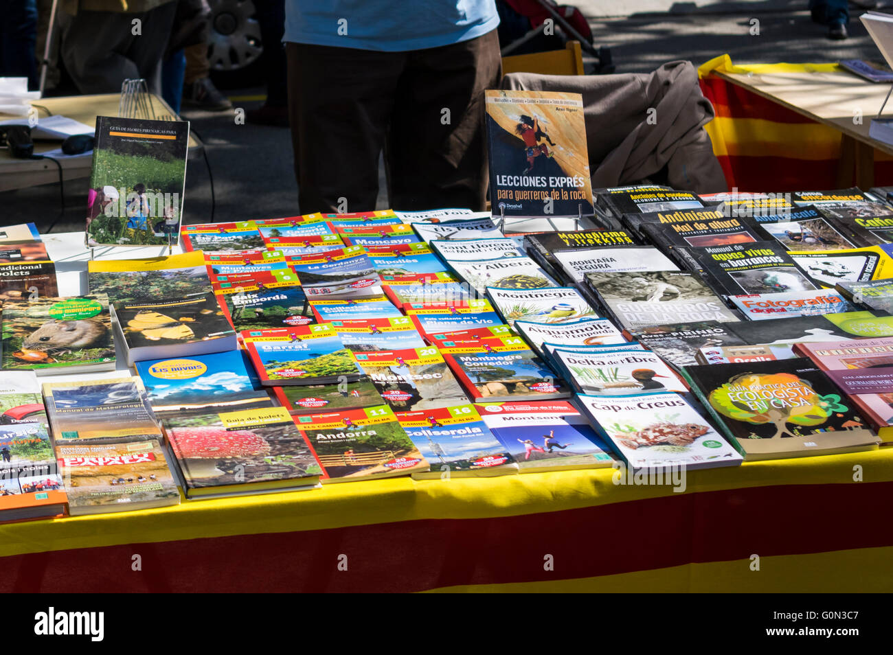 Libri in vendita ad un stand all'aperto su Diada de Sant Jordi (Saint George's day), 23 aprile, a Barcellona, in Catalogna. Foto Stock