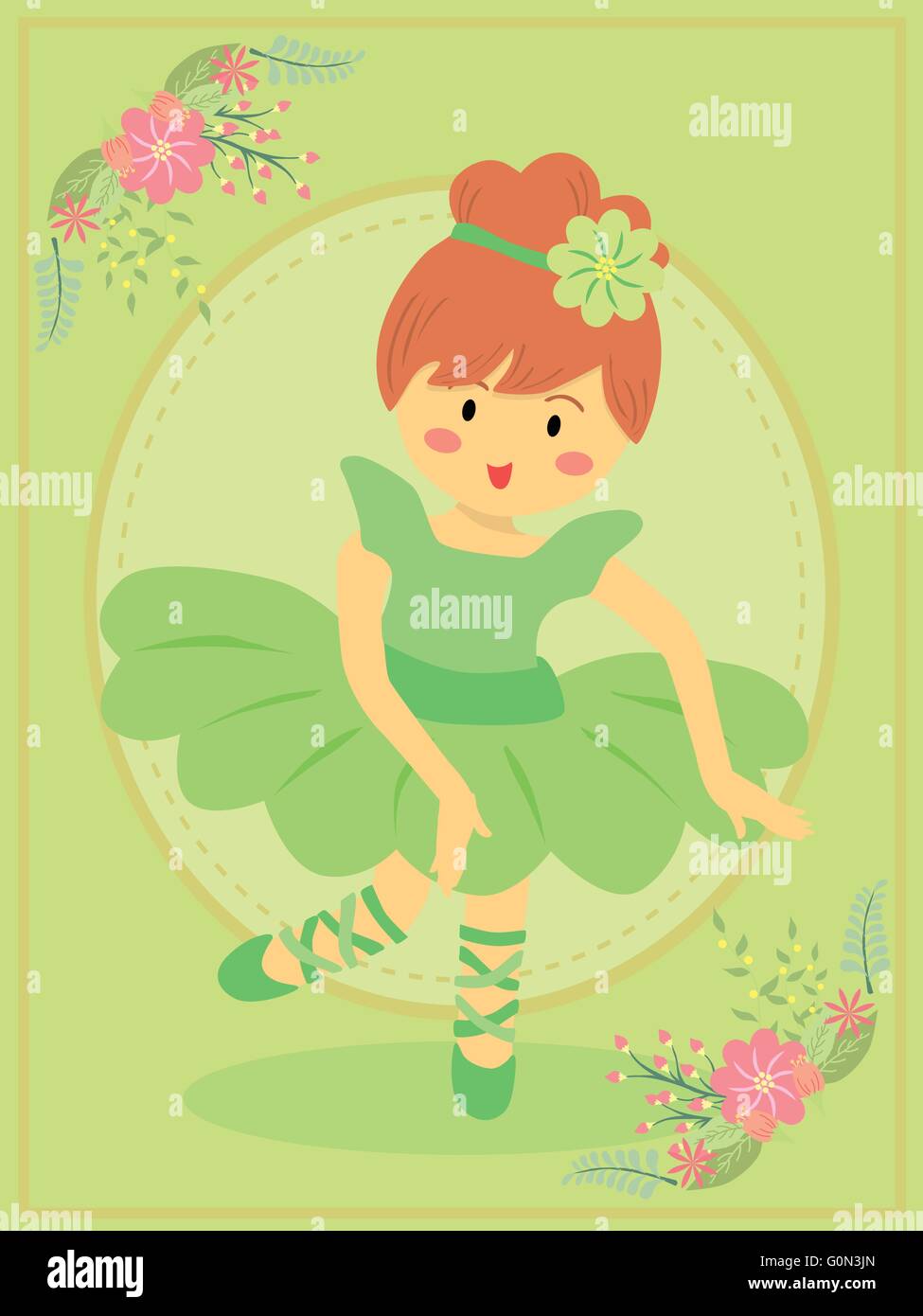 Ballerina carina ragazza con abito verde tutu dancing balletto in tema verde dello sfondo. Illustrazione Vettoriale