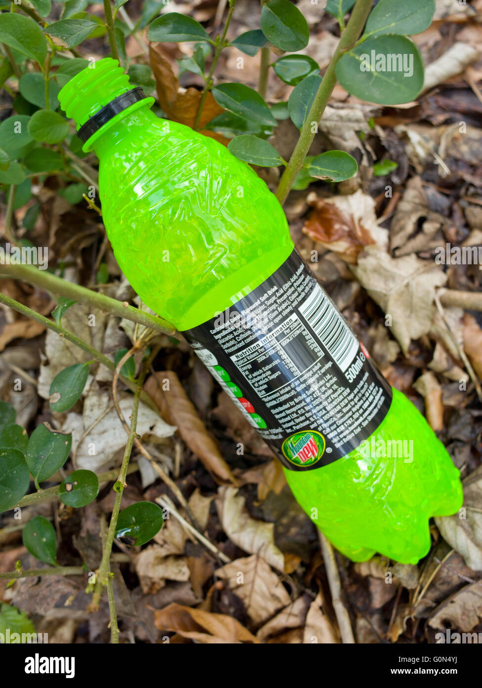 Scartato vuoto bevande verde bottiglia Foto Stock