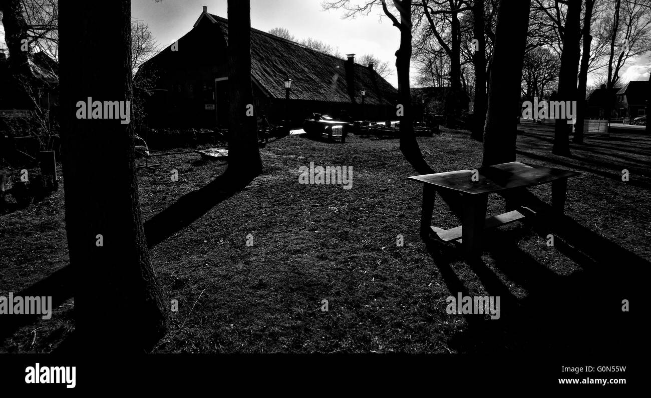 In bianco e nero ad alto contrasto rurale scena con l'olandese farm house, luce posteriore Foto Stock