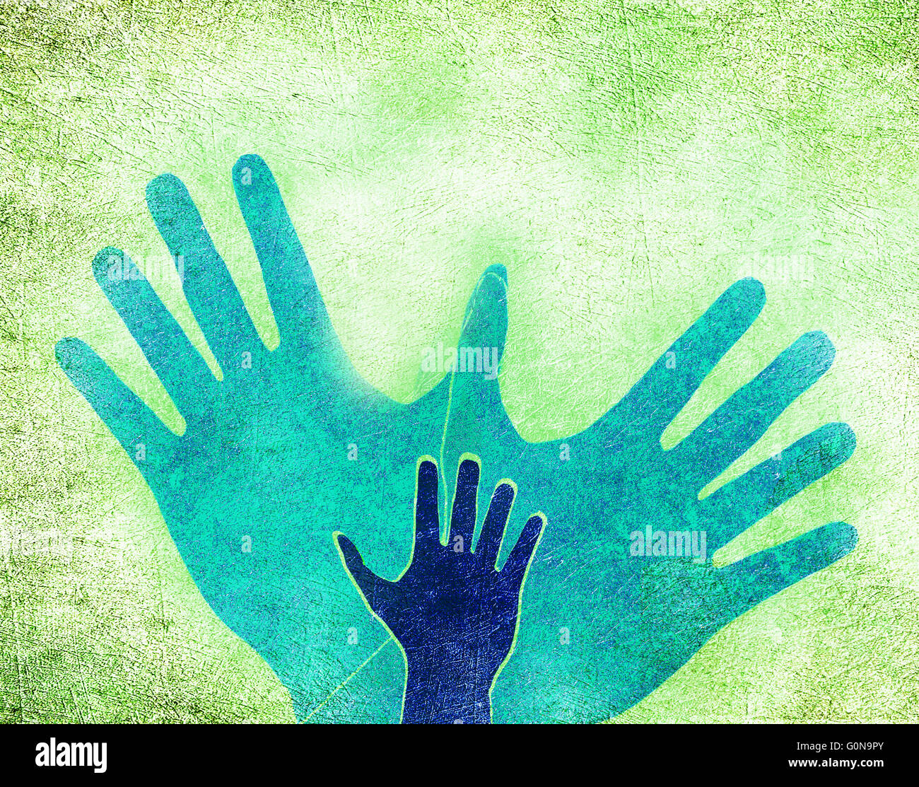 Tre mani e una colomba illustrazione digitale Foto Stock