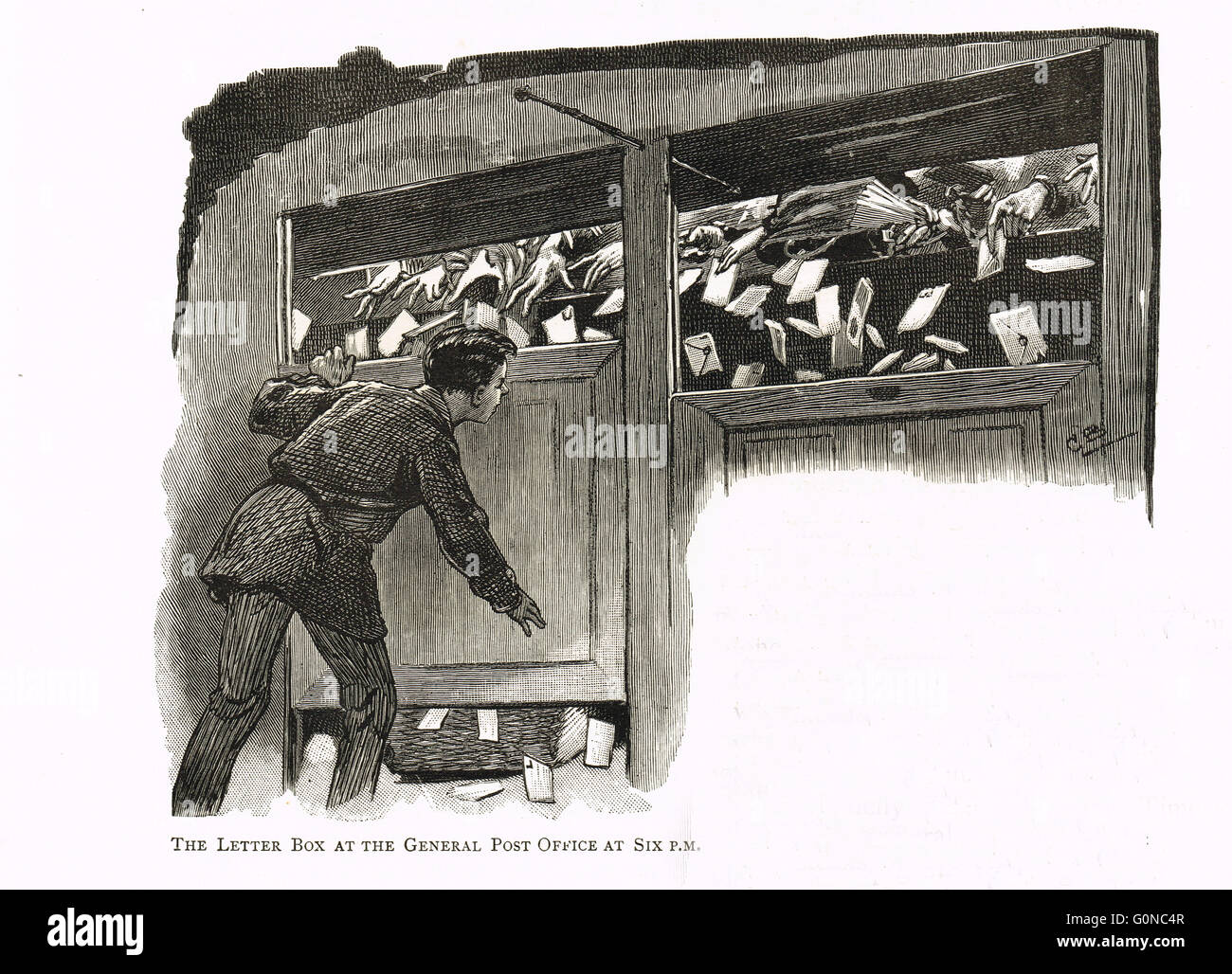 La letter box presso l'Ufficio Generale delle Poste alle 6 pm in Londra nel periodo Vittoriano Foto Stock