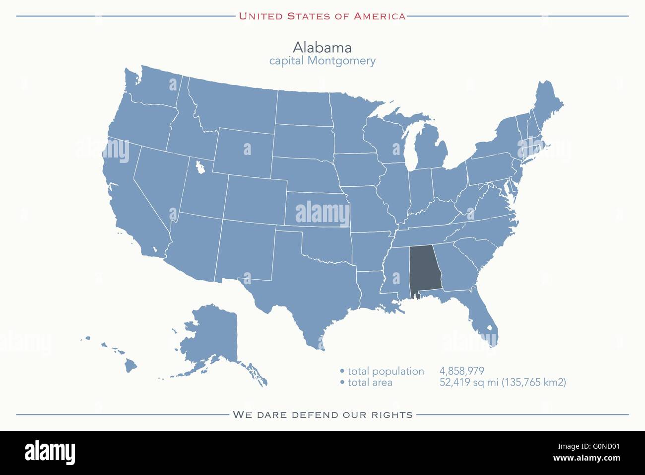 Stati Uniti d'America mappa isolato e Alabama membro territorio. vettore politico USA mappa geografica design banner Illustrazione Vettoriale