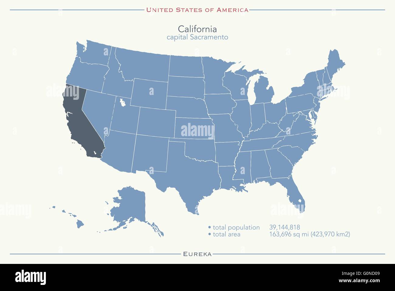 Stati Uniti d'America isolata e mappa California state territorio. vettore politico USA mappa geografica modello di pagina di intestazione Illustrazione Vettoriale