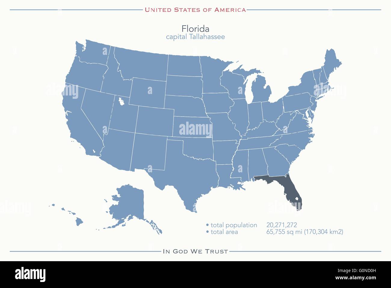 Stati Uniti d'America mappa isolato e Florida state territorio. vettore politico USA mappa geografica design banner Illustrazione Vettoriale