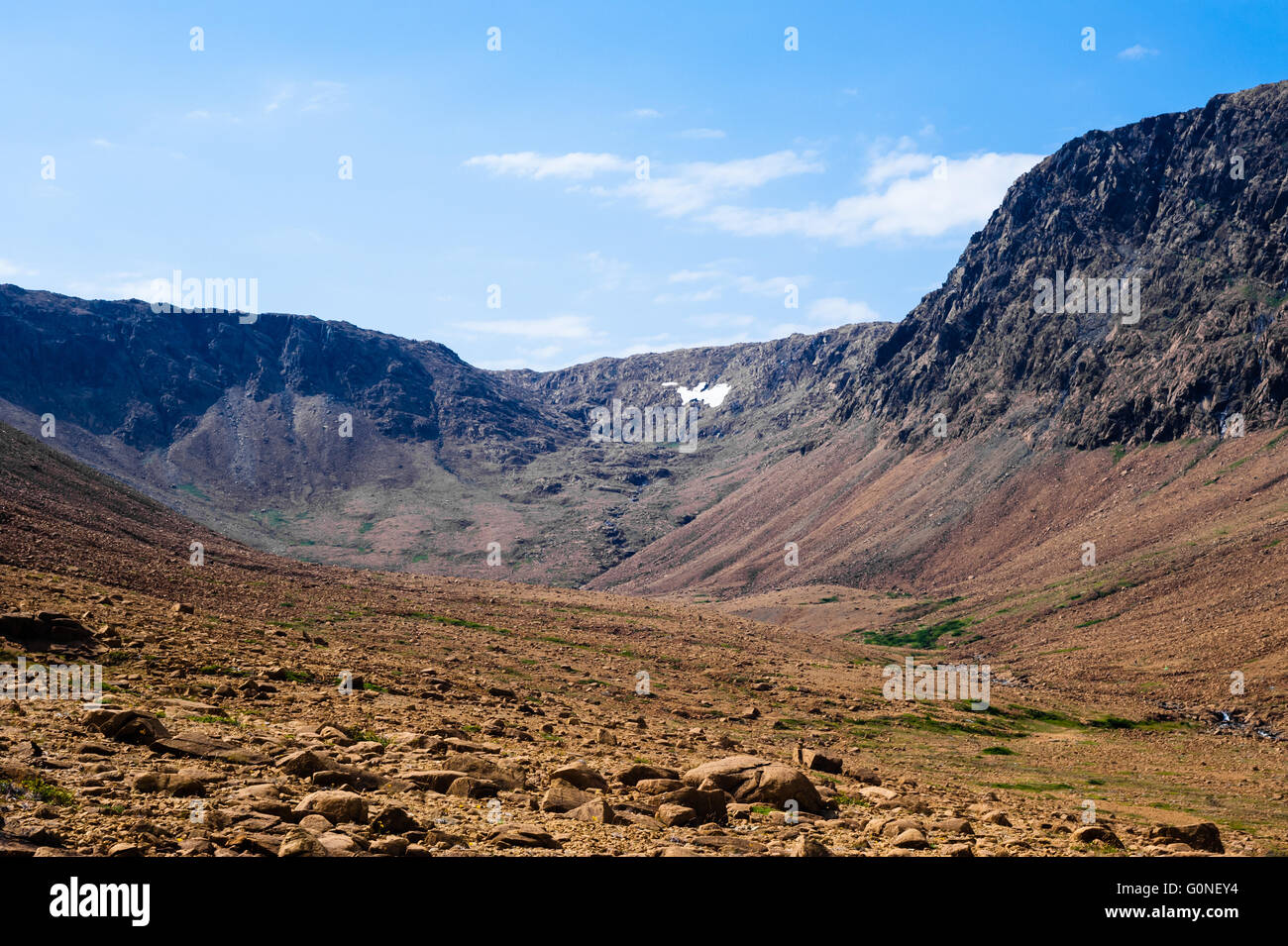 Asciugare valle rocciosa inclinata tra altopiano circostante scogliere e creste, ad alpeggi, Parco Nazionale Gros Morne, Terranova. Foto Stock