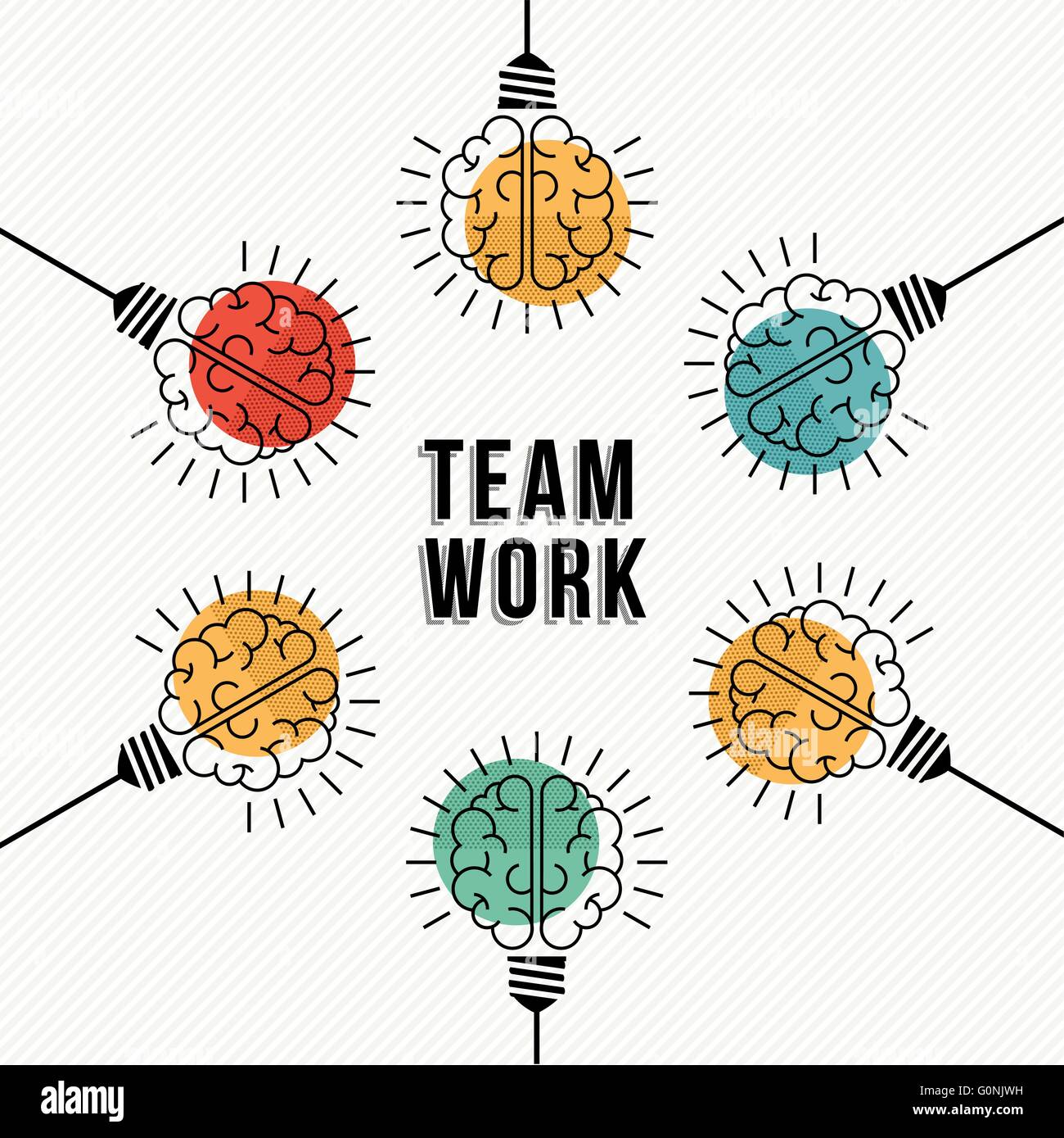 Lavoro di squadra moderno concetto di design e colorati di cervelli umani nella luce di lampade a bulbo a lavorare insieme come team aziendale. EPS10 vettore. Illustrazione Vettoriale