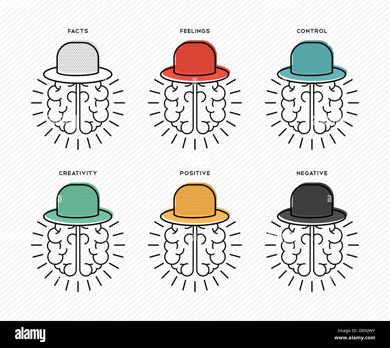 Sei pensando cappelli il brainstorming concept design, cervelli umani indossando variopinti hat in linea stile d'arte. EPS10 vettore. Illustrazione Vettoriale