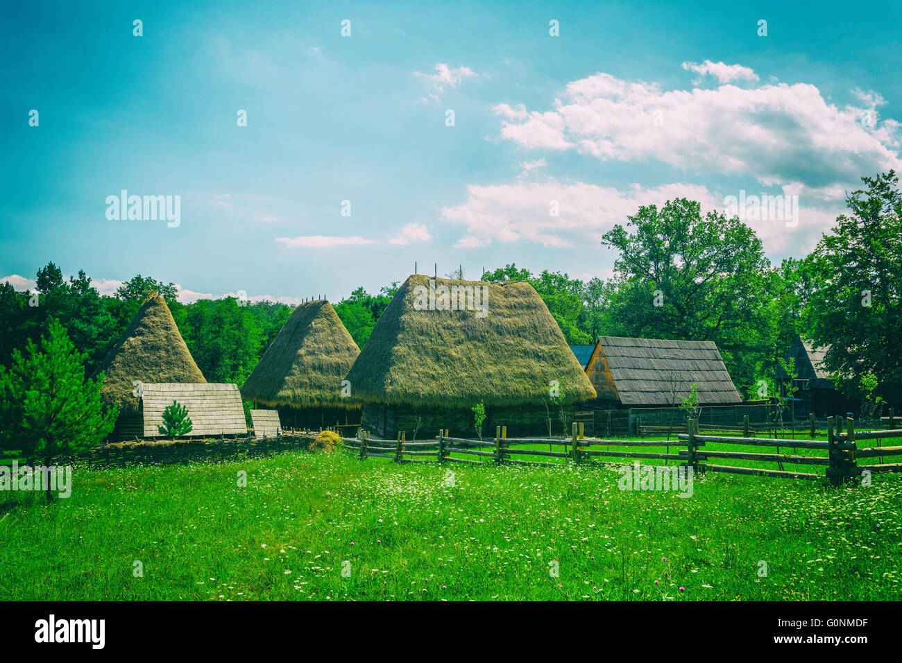 Il vecchio villaggio rumeno in vista delle montagne dei Carpazi Foto Stock