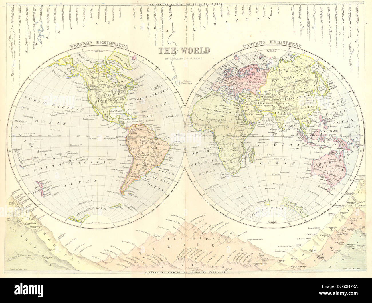 Mondo: oriente e occidente emisferi, 1870 Mappa antichi Foto Stock