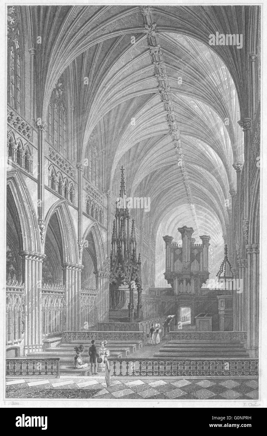 DEVON: interno della Cattedrale di Exeter, antica stampa 1829 Foto Stock
