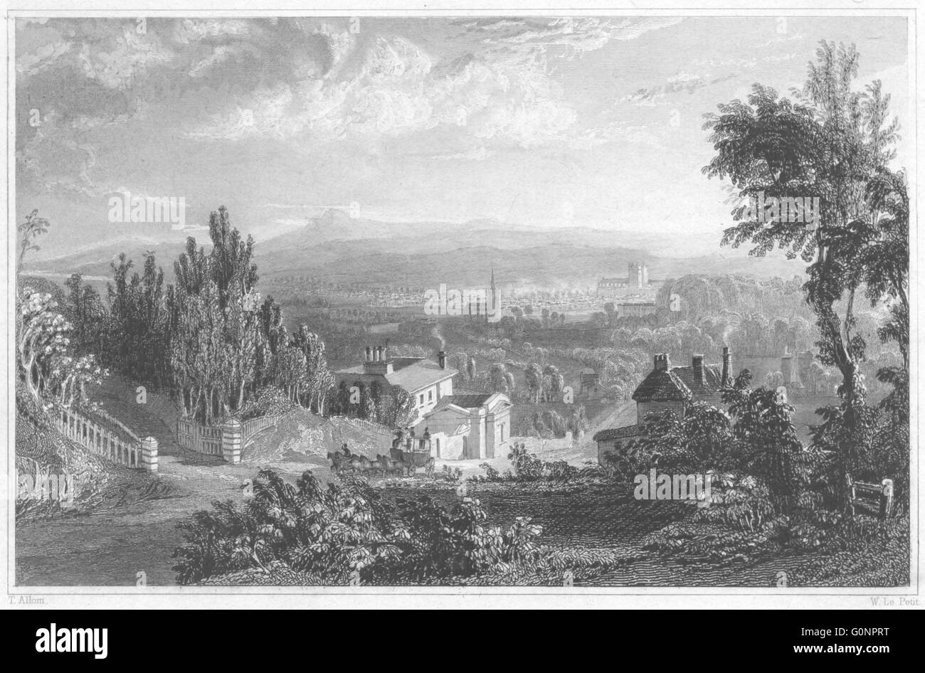 DEVON: Vista di Exeter, dal colle di Pennsylvania, antica stampa 1829 Foto Stock
