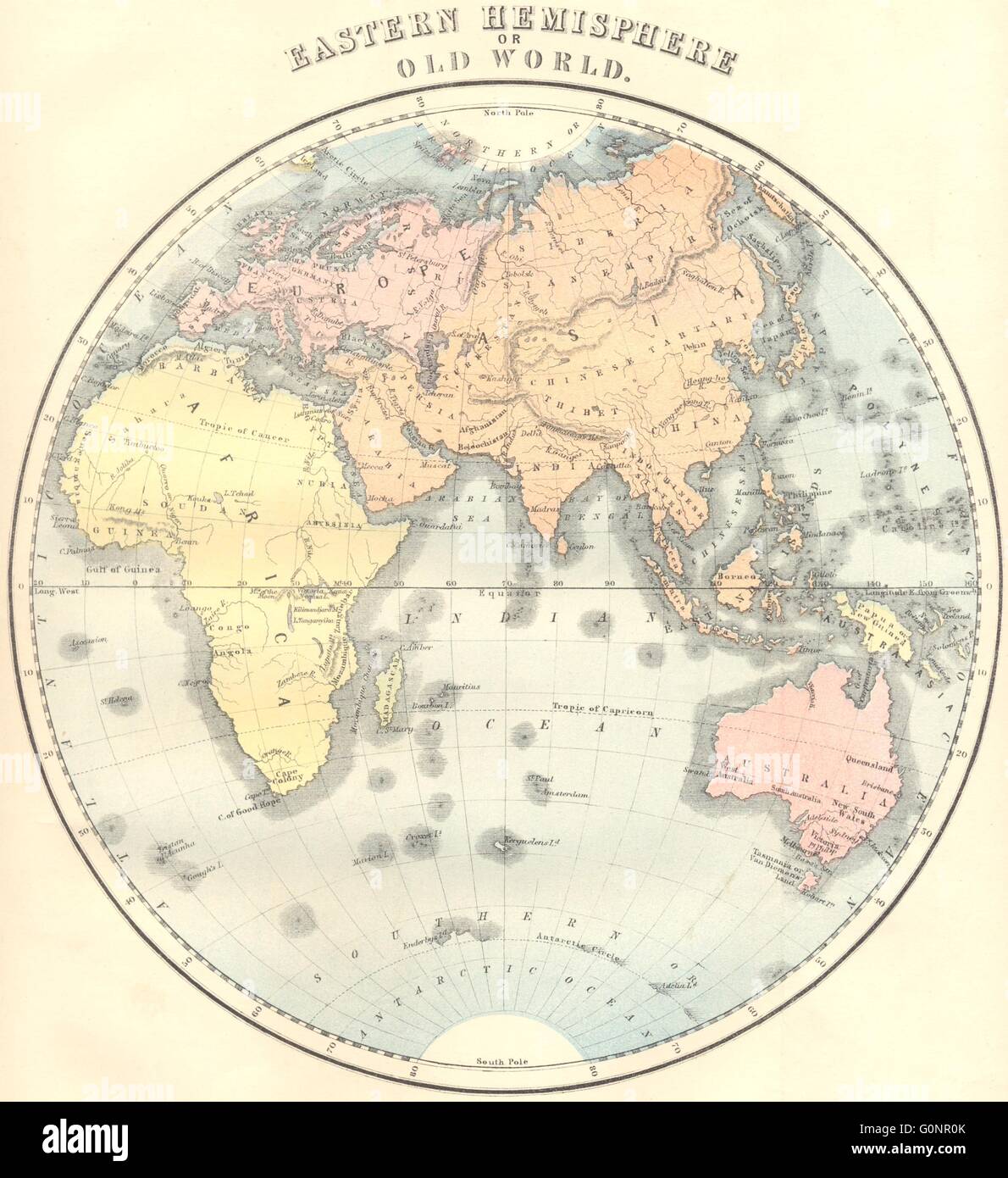 Mondo: Emisfero Orientale, 1870 Mappa antichi Foto Stock