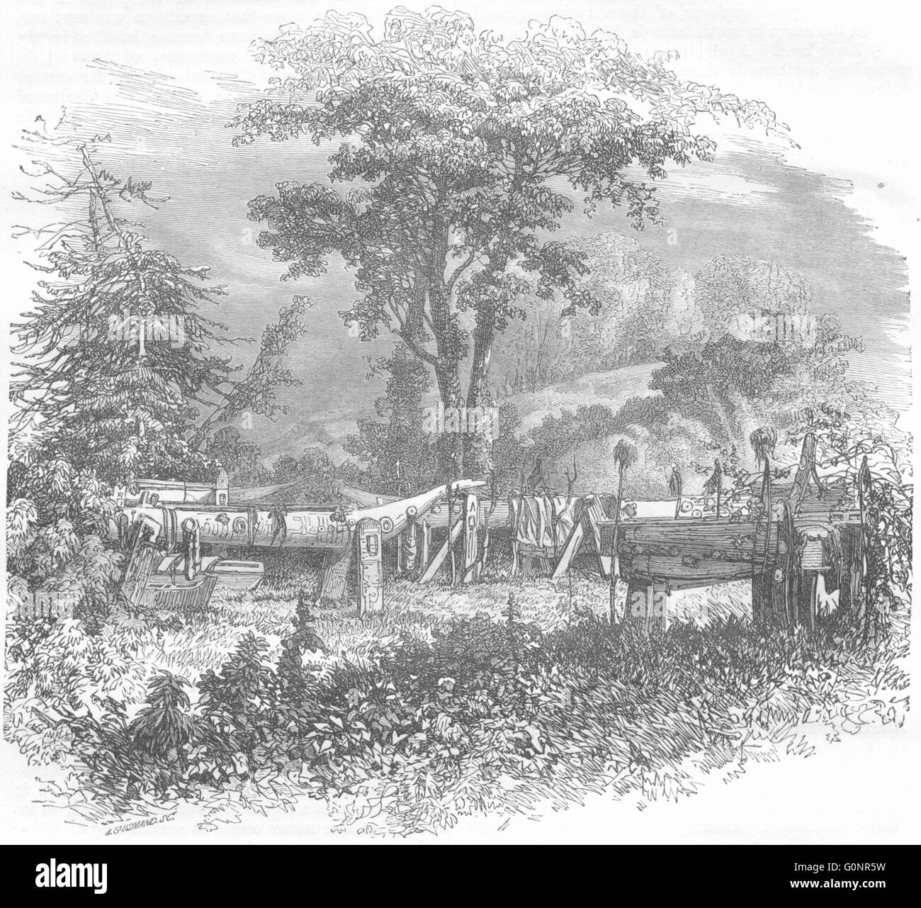 COWLITZ: Indiano sepolcri rive del fiume, antica stampa 1870 Foto Stock