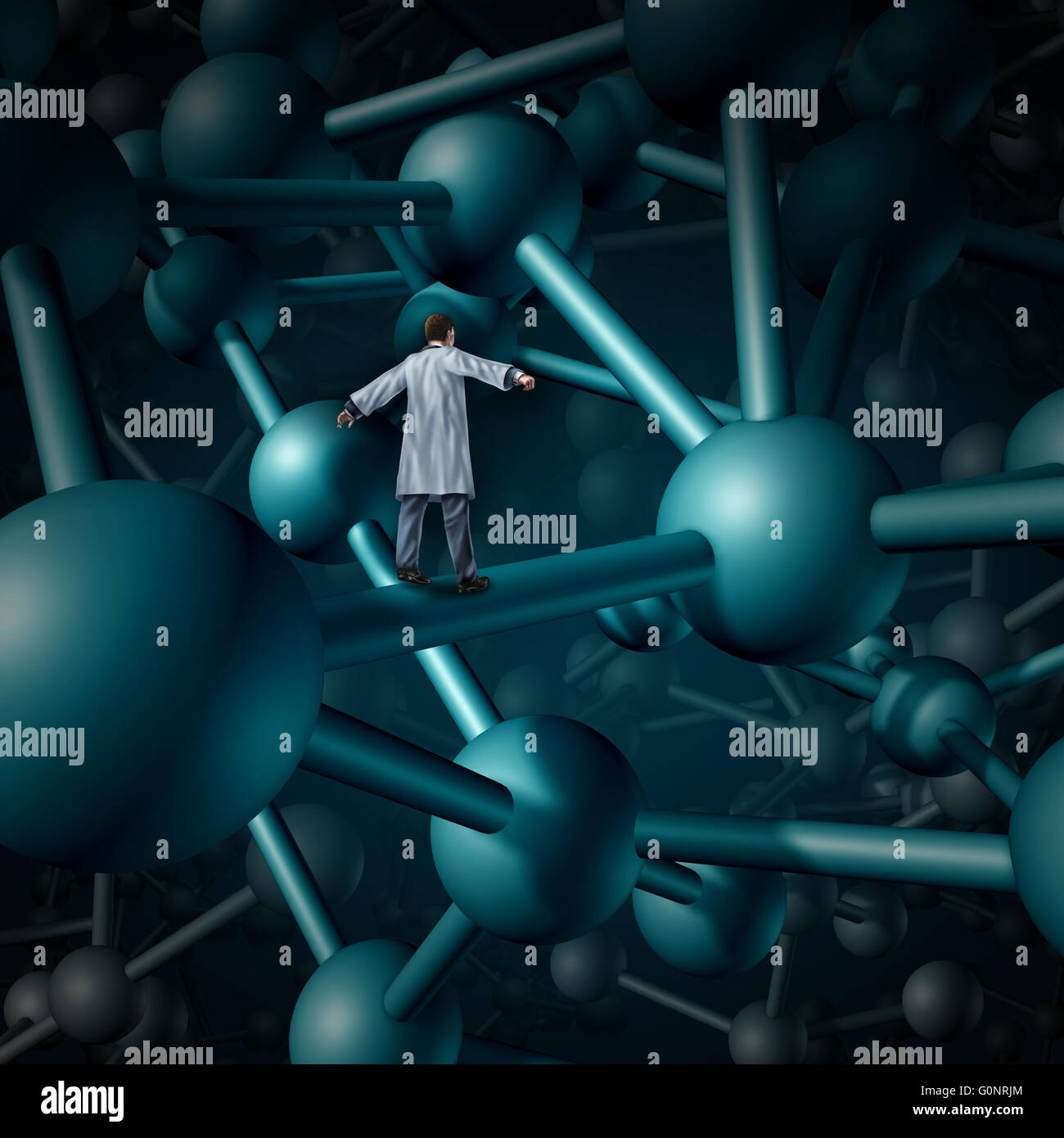 Ricerca scientifica nozione come un medico o scienziato ricercatore a camminare su una molecola di microscopiche come un medico-sanitari simbolo per biochimica con 3D'illustrazione degli elementi. Foto Stock