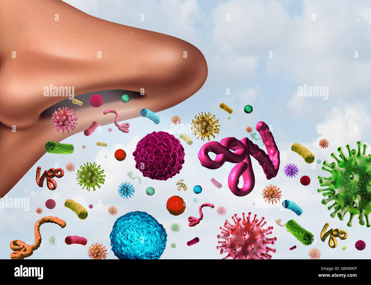 Malattia di respirazione concetto medico e la diffusione della malattia  come un naso inalazione di batteri infettivi virus e cellule di altri  pericolosi microscopiche contaminanti tossici con 3D'illustrazione degli  elementi Foto stock -