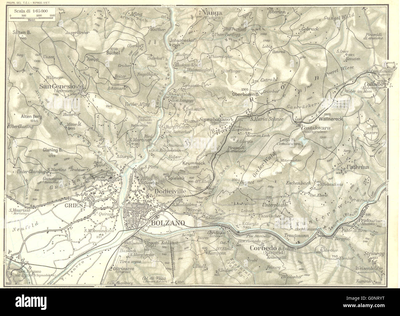 Italia: Venetie Tridentina: Area de Bolzano, 1926 Vintage map Foto Stock