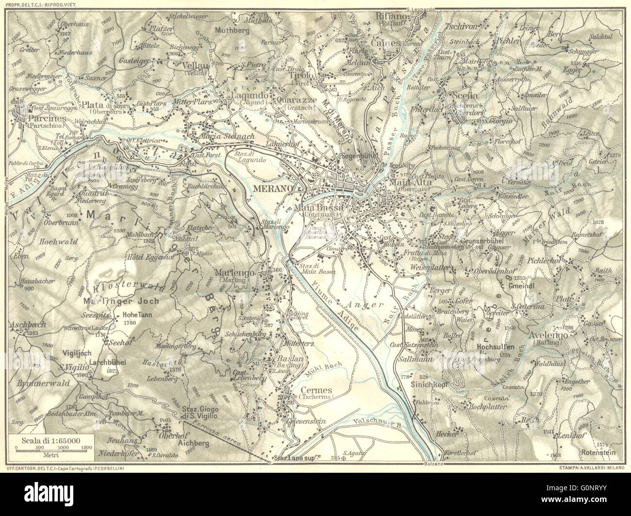 Italia: Venetie Tridentina: Area de Merano 1926 Vintage map Foto Stock