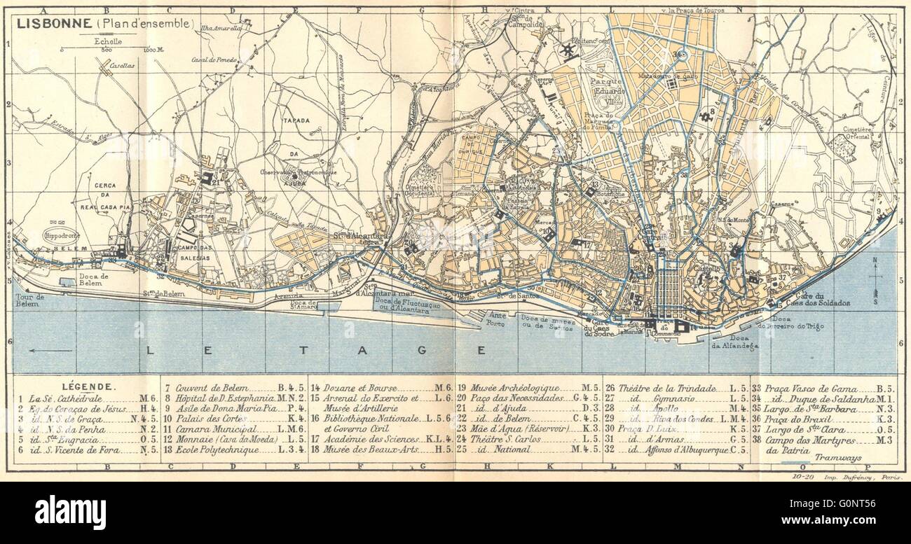 Portogallo: Lisbona Lisboa piano d'ensemble, 1921 Vintage map Foto Stock