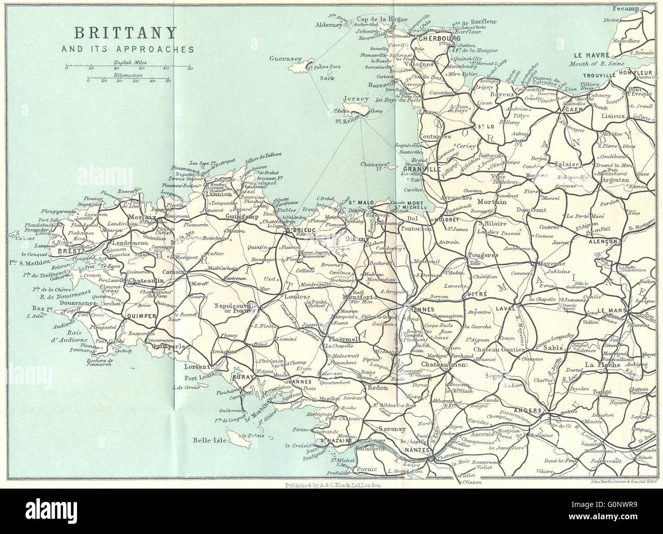 Francia: Brittany approcci, 1923 Vintage map Foto Stock