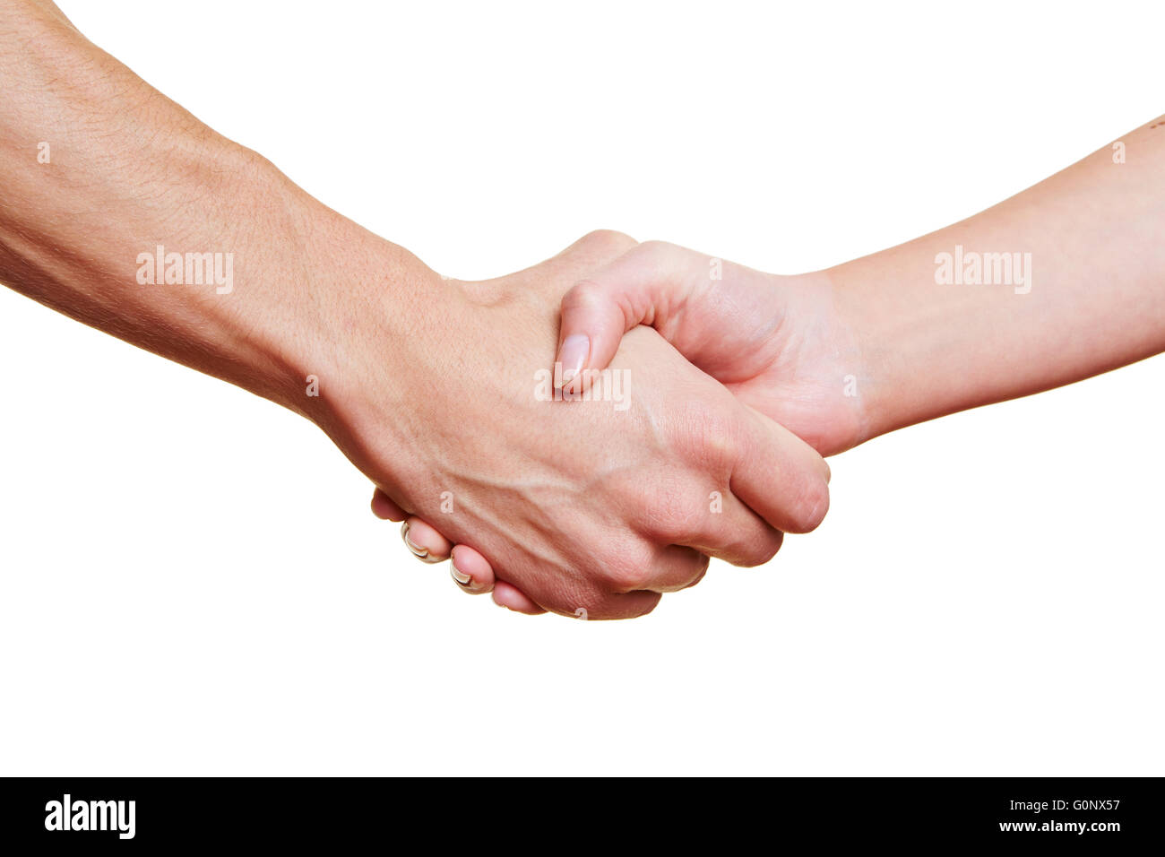 Uomo e donna che handshake con le loro mani Foto Stock