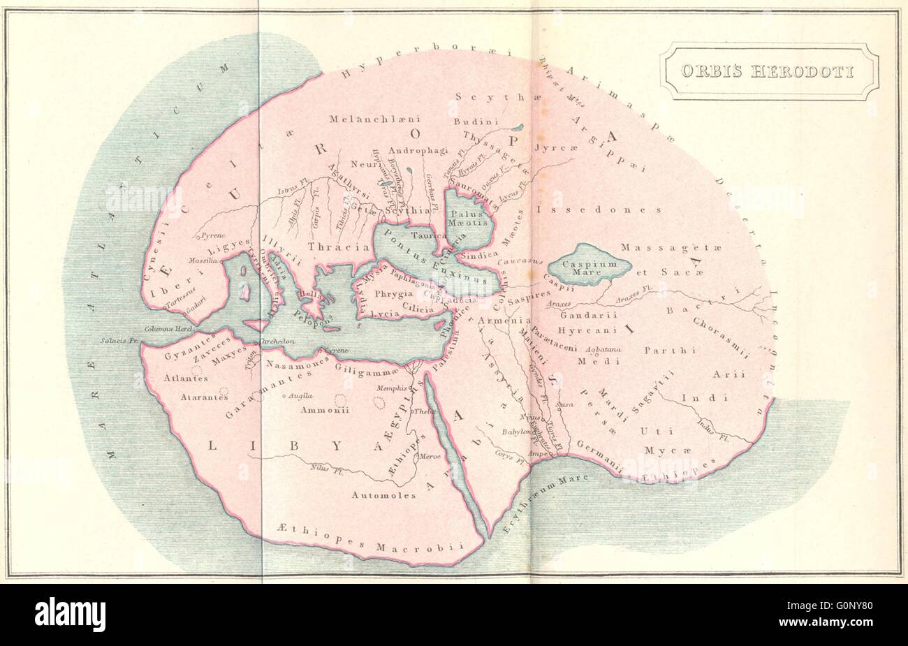 Mondo: Orbis Herodoti; antica mappa del mondo, 1908 Foto Stock