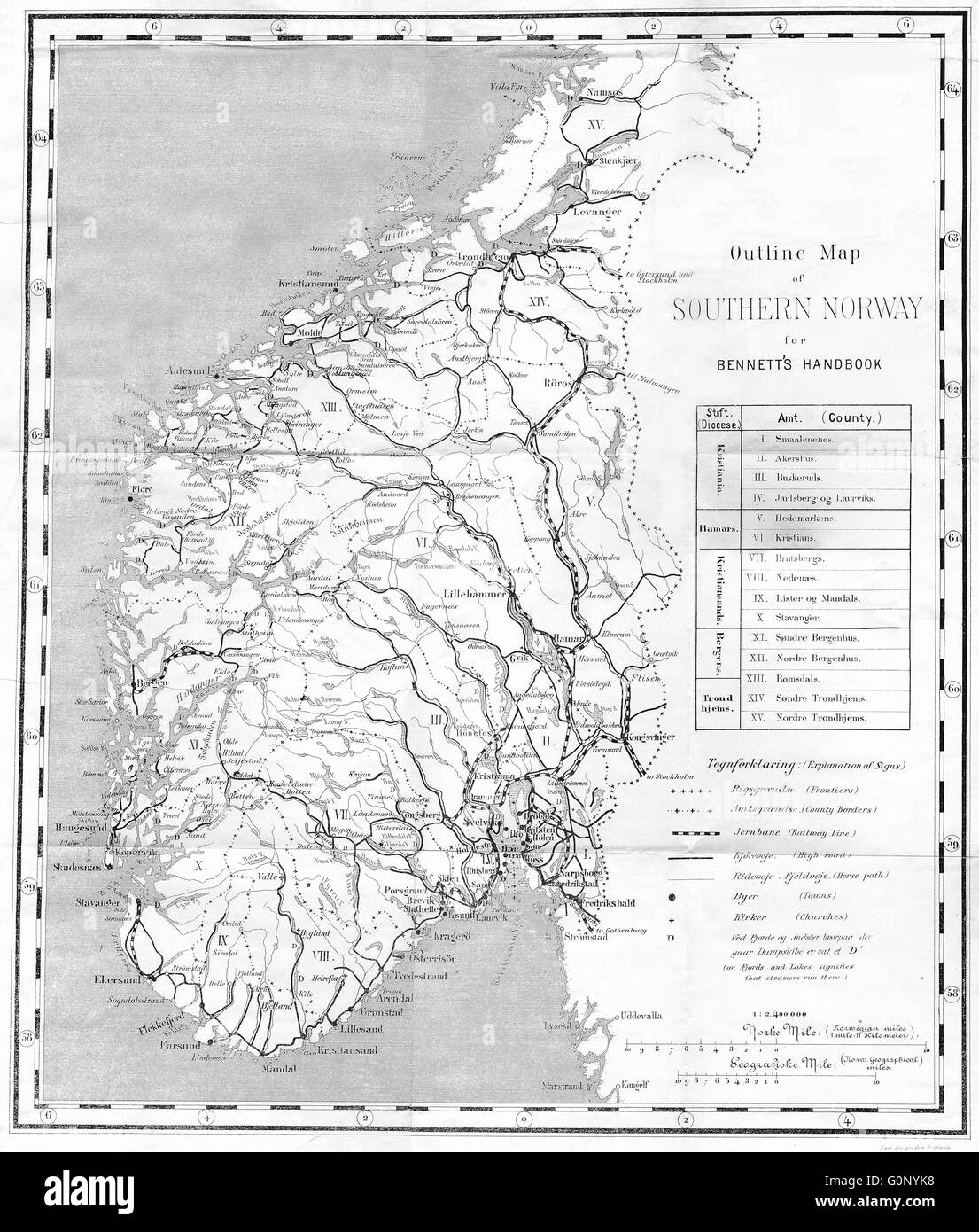 La Norvegia meridionale che mostra le ferrovie & Rideveje Fjeldveje (percorsi a cavallo), 1896 Mappa Foto Stock