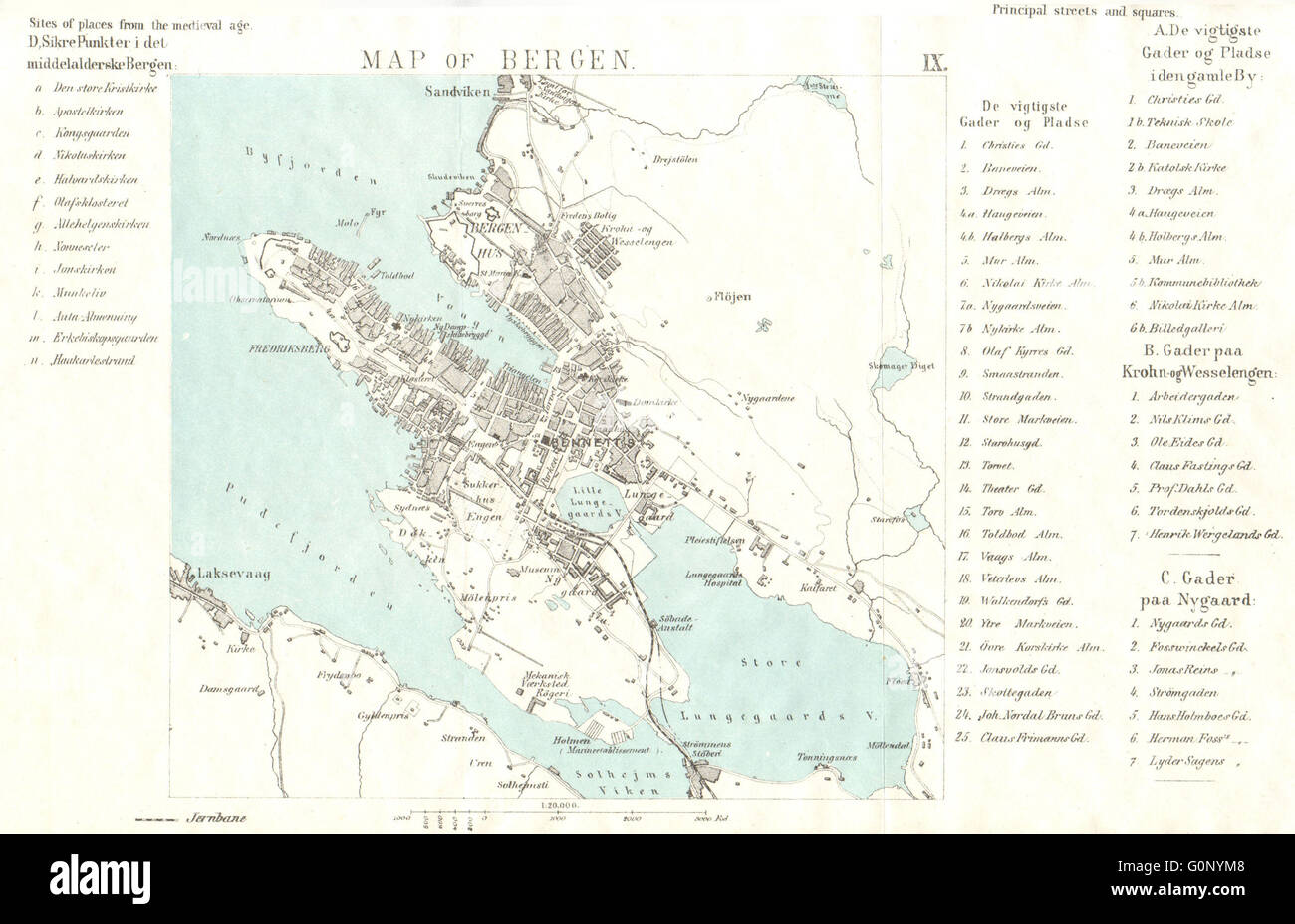 BERGEN città antica città mappa piano. Norvegia, 1896 Foto Stock