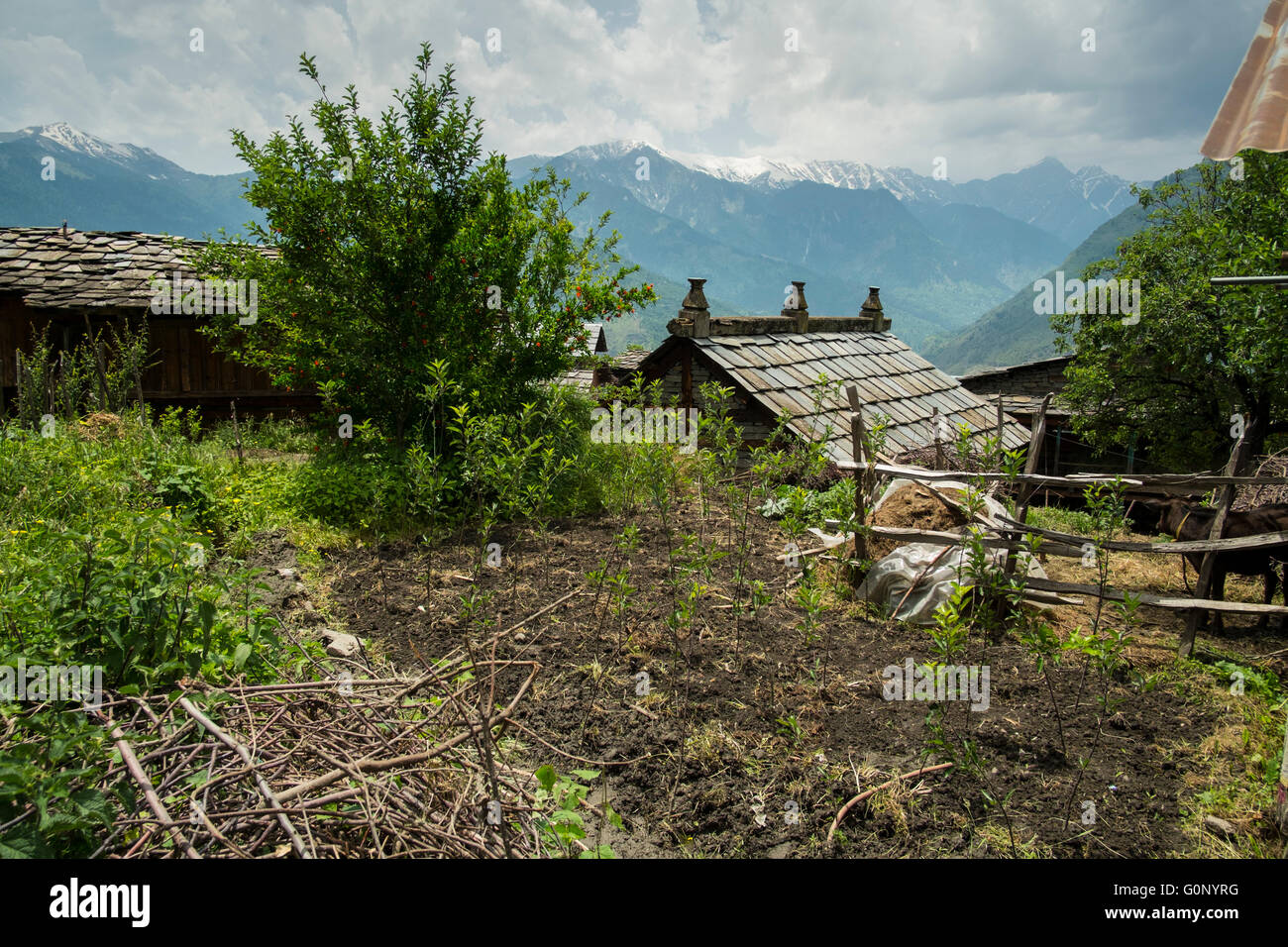 Una bella Himalayan Log House in stile tradizionale con la propria cucina smally garden Foto Stock