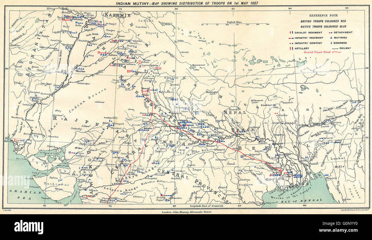 Ammutinamento Indiano/ribellione: British & truppa nativo posizioni 1 maggio 1857, 1924 Mappa Foto Stock