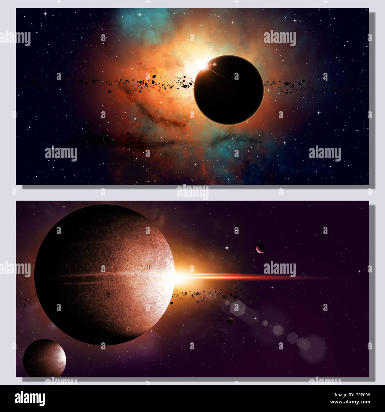 Fantasia astratta dello spazio profondo banner con i pianeti e le stelle Foto Stock