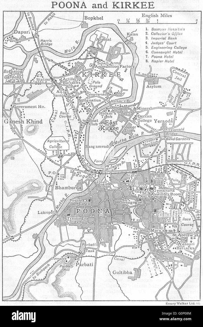 INDIA BRITANNICA: schizzo mappe delle città di Poona (Pune) & Kirkee, 1924 Foto Stock