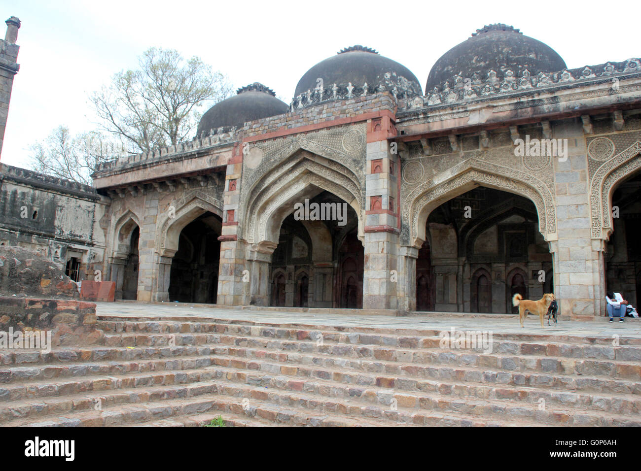 Archi sui lati della Bada Gumbad moschea, Lodhi Gardens, Delhi, con iscrizioni e cupole sulla parte superiore Foto Stock