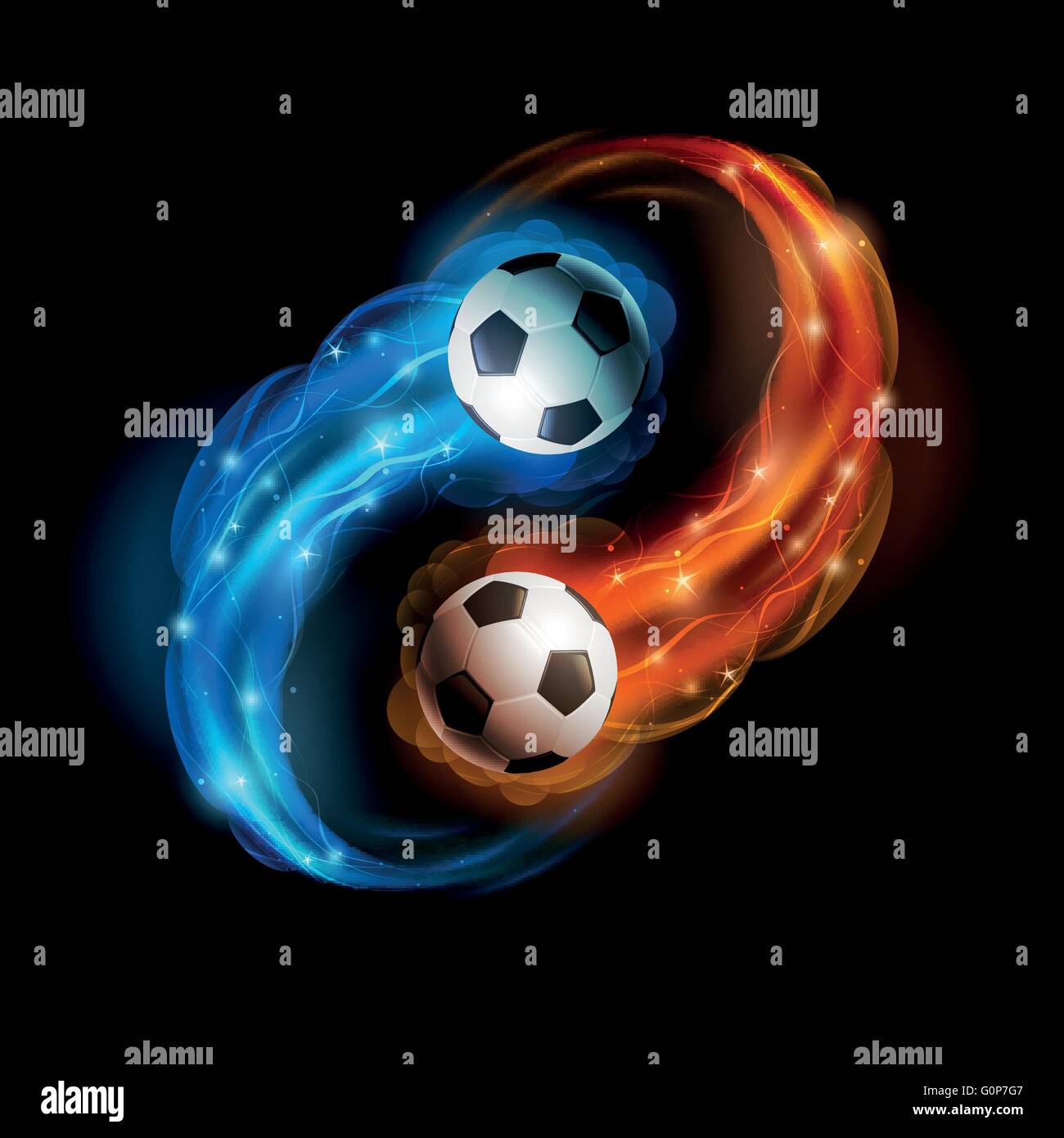 Palloni da calcio in fiamme e luci su sfondo nero. Illustrazione Vettoriale. Illustrazione Vettoriale