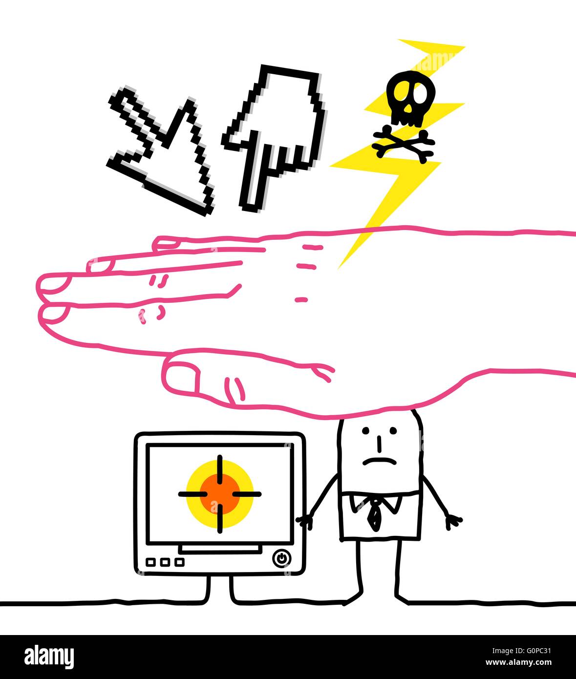 Grossa mano con cartoni animati - protezione e la cibercriminalità Illustrazione Vettoriale