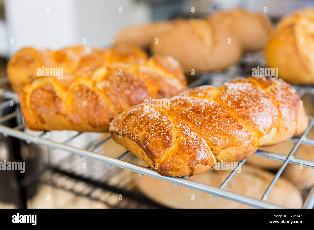Focaccia intrecciata Dolce Pasqua pane su un ripiano in una piccola panetteria di famiglia. In polvere con lo zucchero. Realizzato con il lievito e il farro. Il glutine Foto Stock